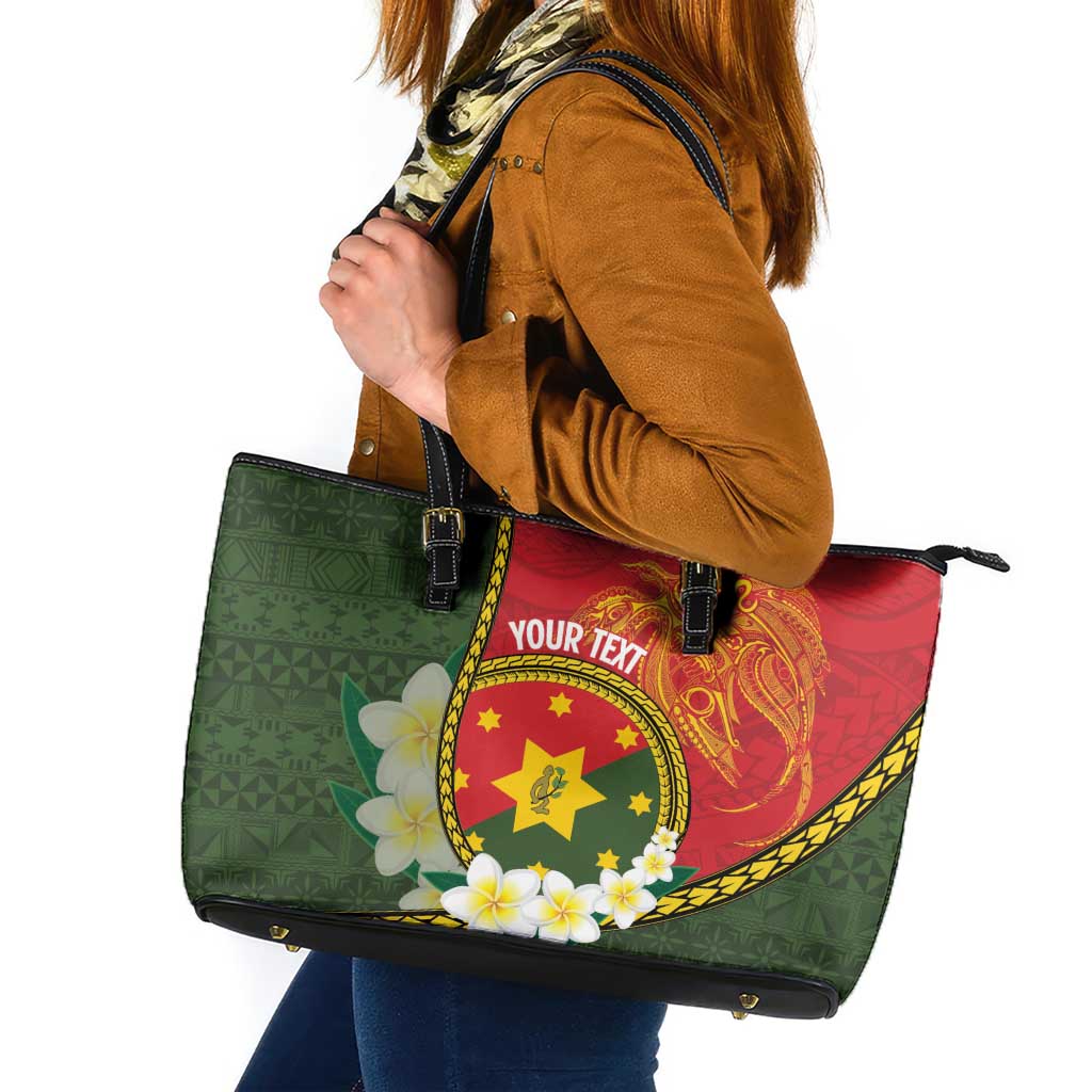 Personalised PNG Isten Hailans Provins Leather Tote Bag Papua New Guinea Plumeria Melanesian Pattern - Polynesian Pride
