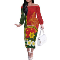Personalised PNG Isten Hailans Provins Off The Shoulder Long Sleeve Dress Papua New Guinea Plumeria Melanesian Pattern LT14 Women Green - Polynesian Pride