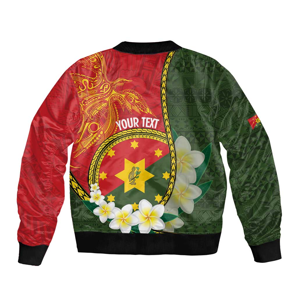 Personalised PNG Isten Hailans Provins Sleeve Zip Bomber Jacket Papua New Guinea Plumeria Melanesian Pattern - Polynesian Pride