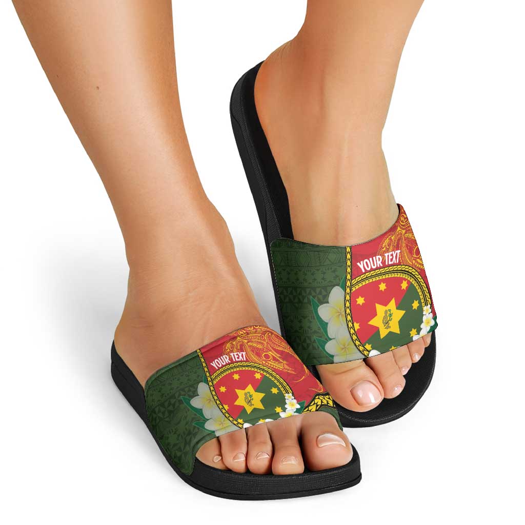 Personalised PNG Isten Hailans Provins Slide Sandals Papua New Guinea Plumeria Melanesian Pattern - Polynesian Pride