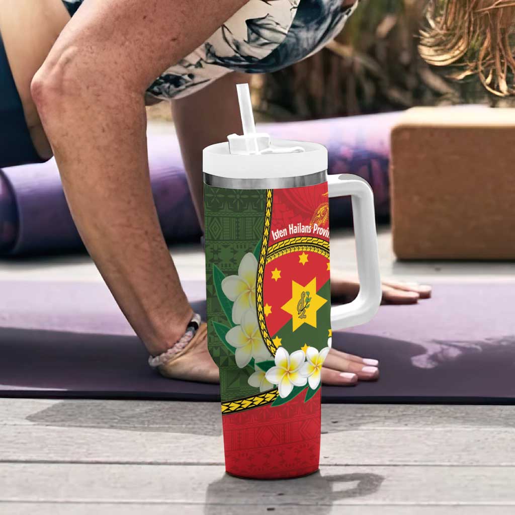 Personalised PNG Isten Hailans Provins Tumbler With Handle Papua New Guinea Plumeria Melanesian Pattern - Polynesian Pride