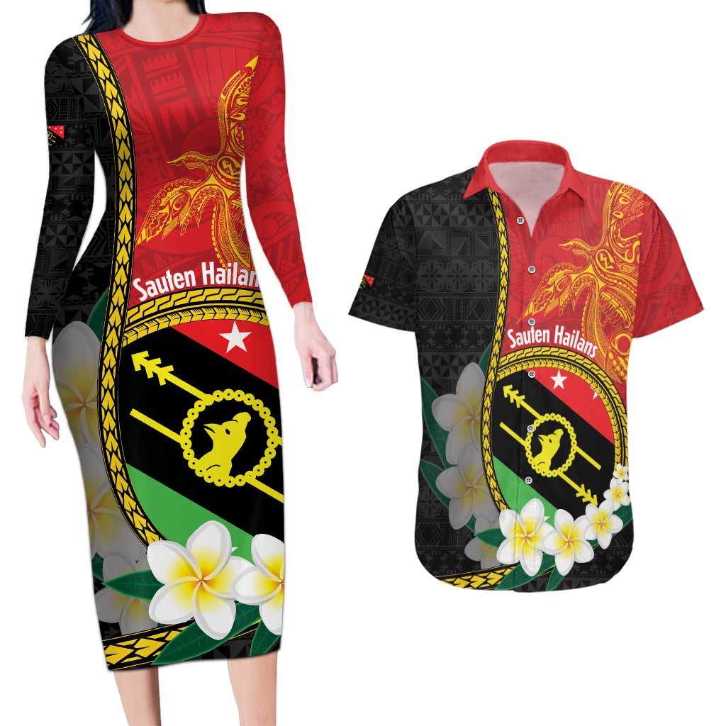 Personalised PNG Sauten Hailans Couples Matching Long Sleeve Bodycon Dress and Hawaiian Shirt Papua New Guinea Plumeria Melanesian Pattern LT14 Red - Polynesian Pride