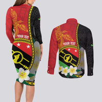 Personalised PNG Sauten Hailans Couples Matching Long Sleeve Bodycon Dress and Long Sleeve Button Shirt Papua New Guinea Plumeria Melanesian Pattern LT14 - Polynesian Pride