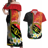 Personalised PNG Sauten Hailans Couples Matching Off Shoulder Maxi Dress and Hawaiian Shirt Papua New Guinea Plumeria Melanesian Pattern LT14 Red - Polynesian Pride