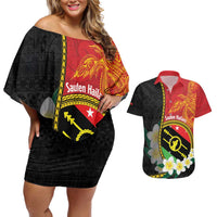 Personalised PNG Sauten Hailans Couples Matching Off Shoulder Short Dress and Hawaiian Shirt Papua New Guinea Plumeria Melanesian Pattern LT14 Red - Polynesian Pride