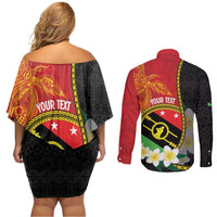 Personalised PNG Sauten Hailans Couples Matching Off Shoulder Short Dress and Long Sleeve Button Shirt Papua New Guinea Plumeria Melanesian Pattern LT14 - Polynesian Pride