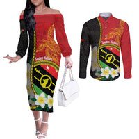 Personalised PNG Sauten Hailans Couples Matching Off The Shoulder Long Sleeve Dress and Long Sleeve Button Shirt Papua New Guinea Plumeria Melanesian Pattern LT14 Red - Polynesian Pride