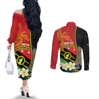 Personalised PNG Sauten Hailans Couples Matching Off The Shoulder Long Sleeve Dress and Long Sleeve Button Shirt Papua New Guinea Plumeria Melanesian Pattern LT14 - Polynesian Pride