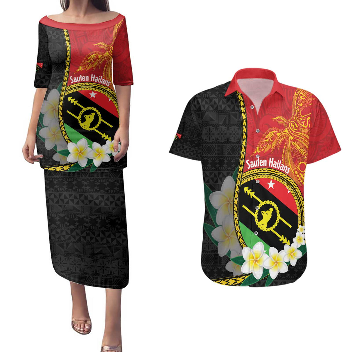Personalised PNG Sauten Hailans Couples Matching Puletasi and Hawaiian Shirt Papua New Guinea Plumeria Melanesian Pattern LT14 Red - Polynesian Pride