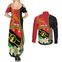 Personalised PNG Sauten Hailans Couples Matching Summer Maxi Dress and Long Sleeve Button Shirt Papua New Guinea Plumeria Melanesian Pattern LT14 - Polynesian Pride
