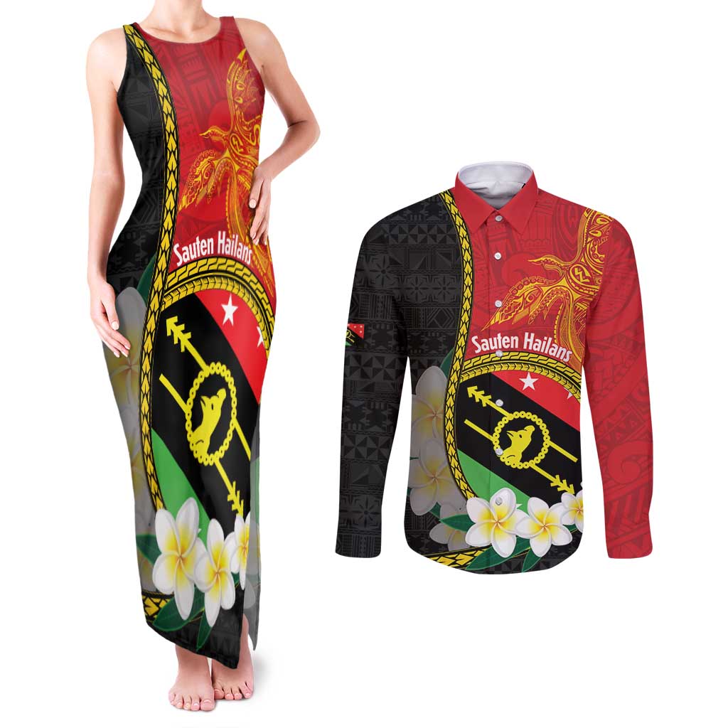 Personalised PNG Sauten Hailans Couples Matching Tank Maxi Dress and Long Sleeve Button Shirt Papua New Guinea Plumeria Melanesian Pattern LT14 Red - Polynesian Pride