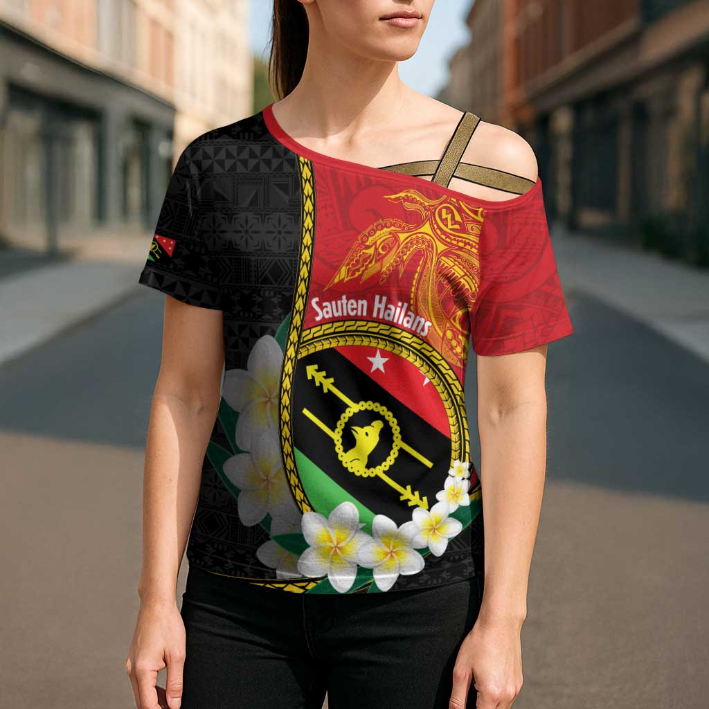 Personalised PNG Sauten Hailans Cross Shoulder Shirt Papua New Guinea Plumeria Melanesian Pattern - Polynesian Pride