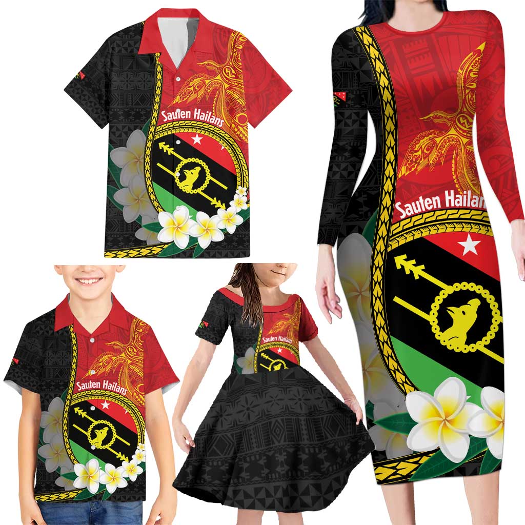 Personalised PNG Sauten Hailans Family Matching Long Sleeve Bodycon Dress and Hawaiian Shirt Papua New Guinea Plumeria Melanesian Pattern LT14 - Polynesian Pride
