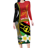 Personalised PNG Sauten Hailans Family Matching Long Sleeve Bodycon Dress and Hawaiian Shirt Papua New Guinea Plumeria Melanesian Pattern LT14 Mom's Dress Red - Polynesian Pride