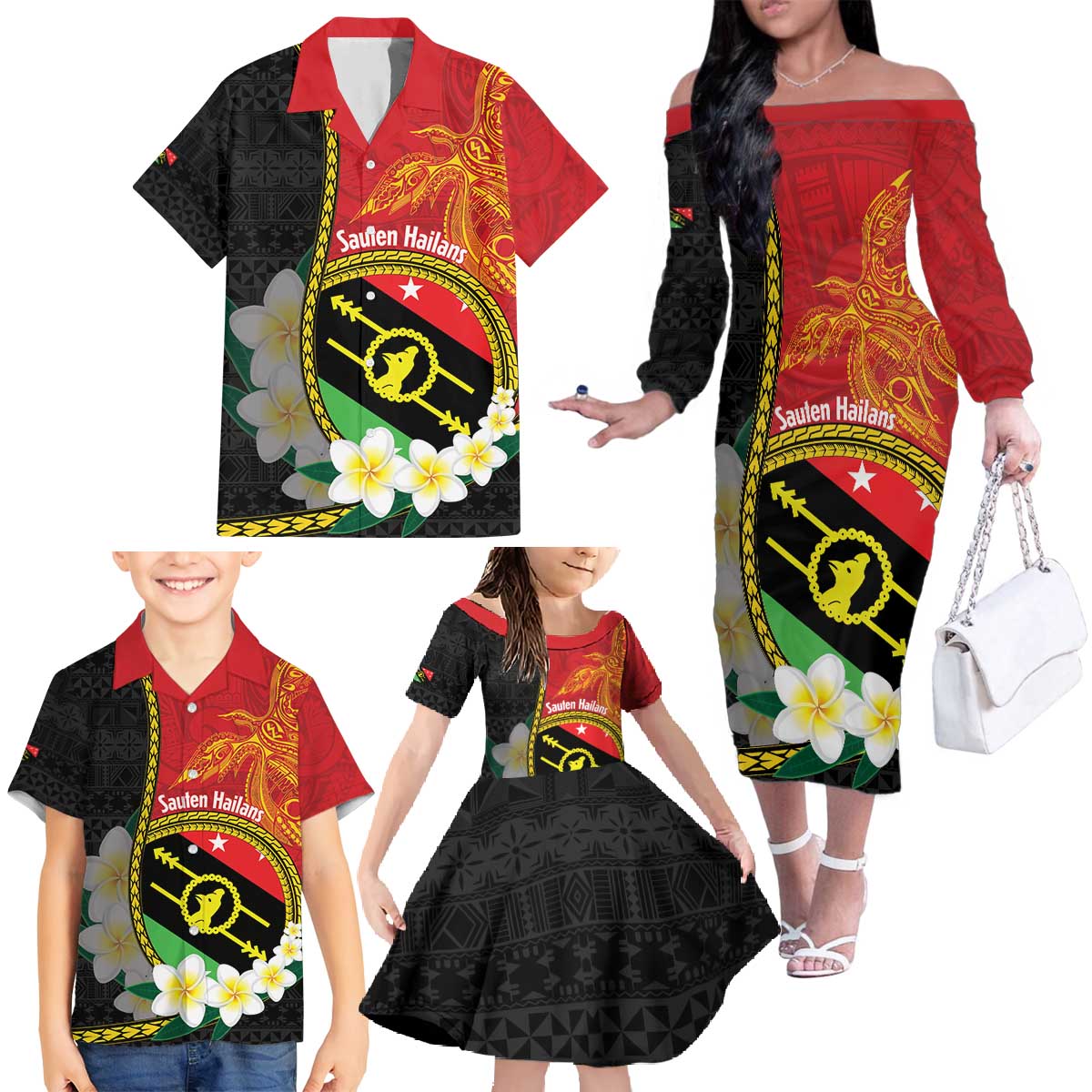 Personalised PNG Sauten Hailans Family Matching Off The Shoulder Long Sleeve Dress and Hawaiian Shirt Papua New Guinea Plumeria Melanesian Pattern - Polynesian Pride