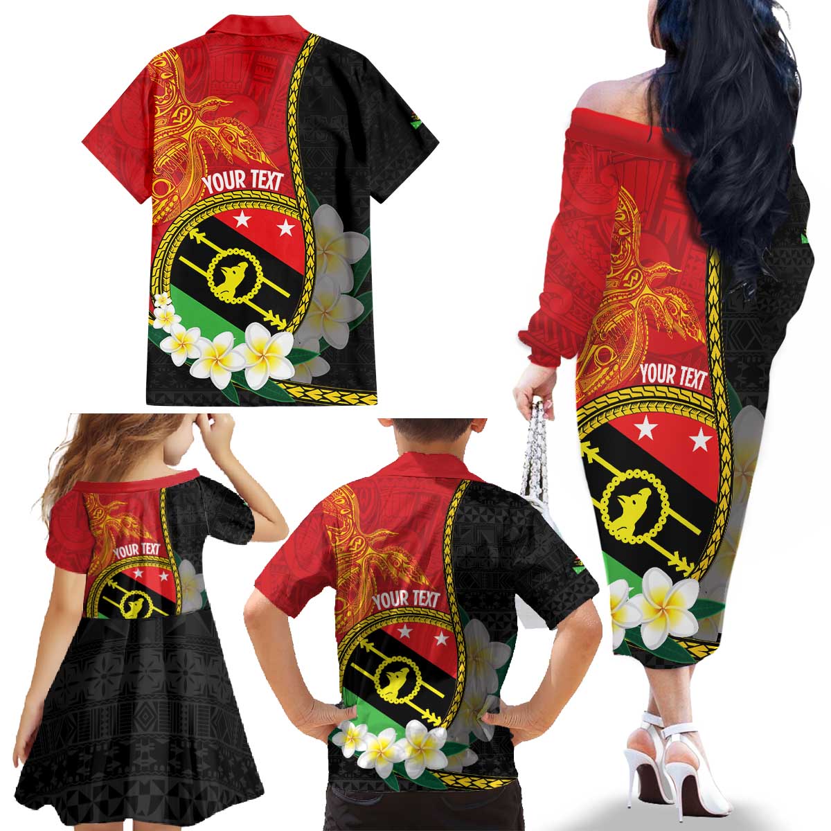 Personalised PNG Sauten Hailans Family Matching Off The Shoulder Long Sleeve Dress and Hawaiian Shirt Papua New Guinea Plumeria Melanesian Pattern LT14 - Polynesian Pride