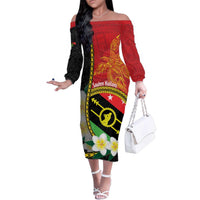 Personalised PNG Sauten Hailans Family Matching Off The Shoulder Long Sleeve Dress and Hawaiian Shirt Papua New Guinea Plumeria Melanesian Pattern LT14 Mom's Dress Red - Polynesian Pride