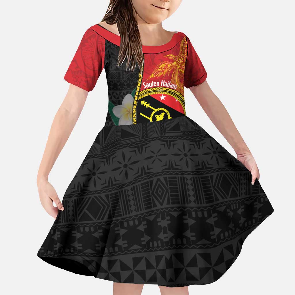 Personalised PNG Sauten Hailans Family Matching Off Shoulder Maxi Dress and Hawaiian Shirt Papua New Guinea Plumeria Melanesian Pattern LT14 Daughter's Dress Red - Polynesian Pride