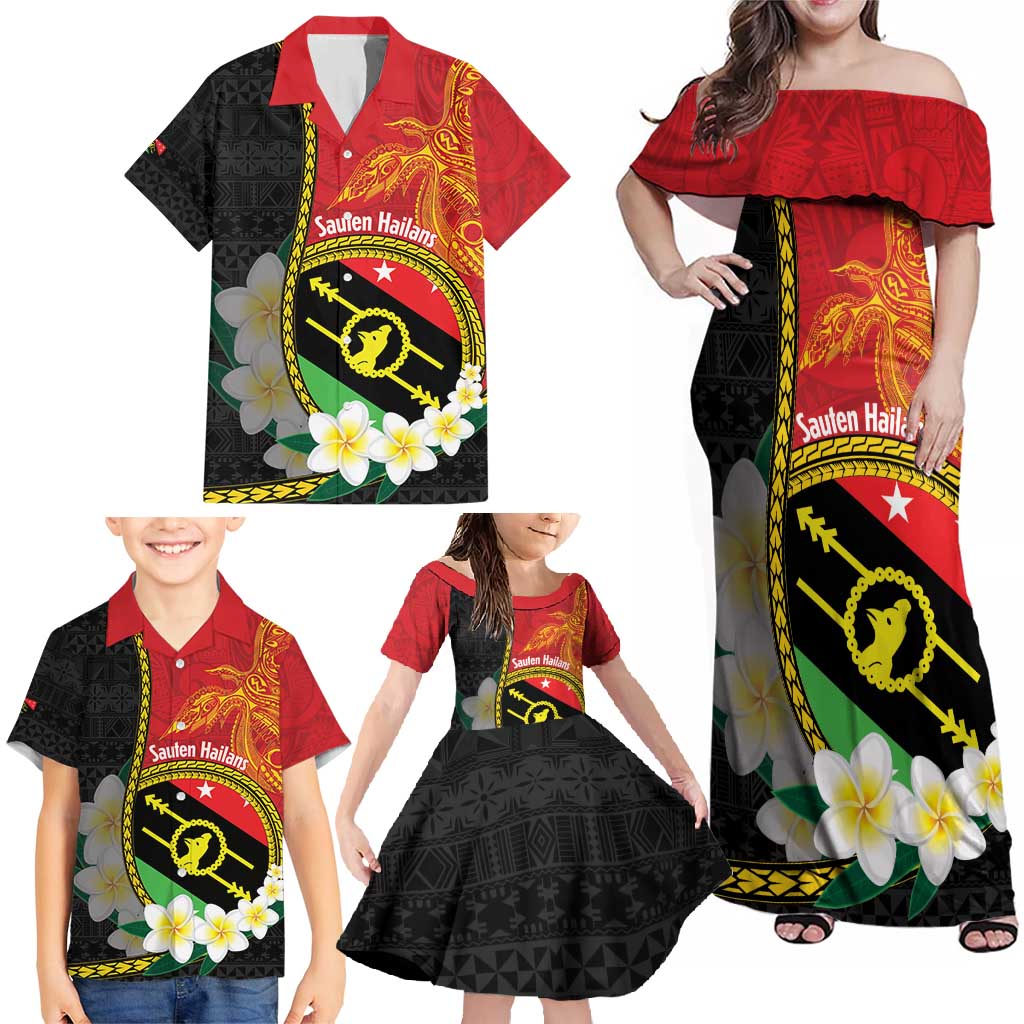Personalised PNG Sauten Hailans Family Matching Off Shoulder Maxi Dress and Hawaiian Shirt Papua New Guinea Plumeria Melanesian Pattern LT14 - Polynesian Pride