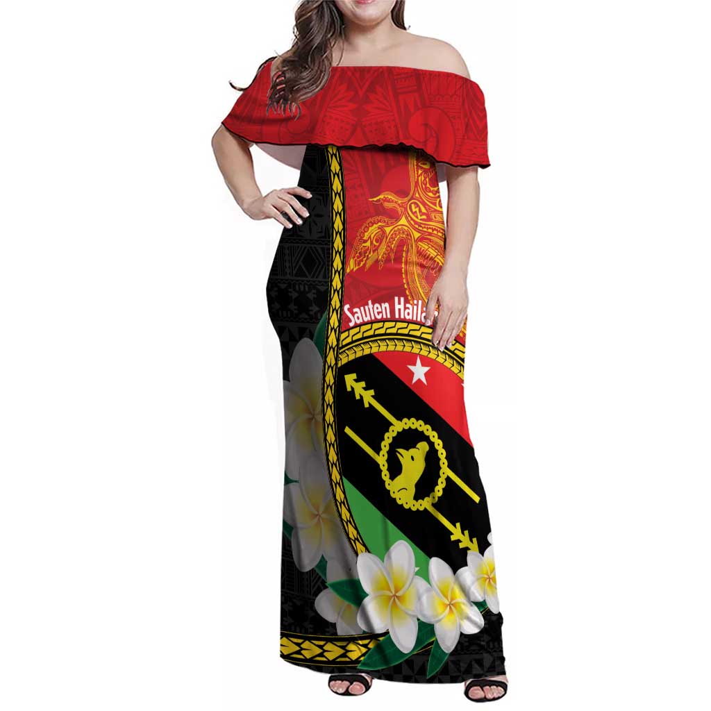 Personalised PNG Sauten Hailans Family Matching Off Shoulder Maxi Dress and Hawaiian Shirt Papua New Guinea Plumeria Melanesian Pattern LT14 Mom's Dress Red - Polynesian Pride