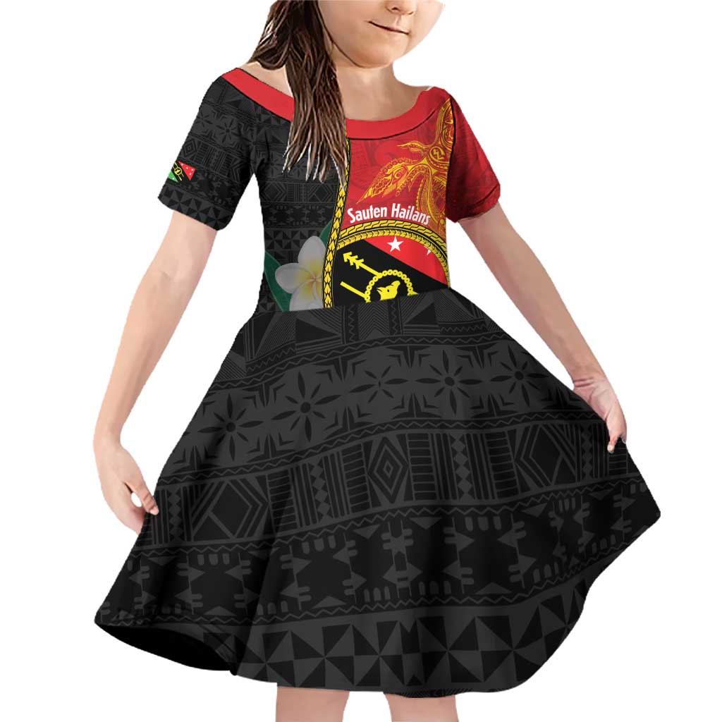 Personalised PNG Sauten Hailans Family Matching Off Shoulder Short Dress and Hawaiian Shirt Papua New Guinea Plumeria Melanesian Pattern LT14 Daughter's Dress Red - Polynesian Pride