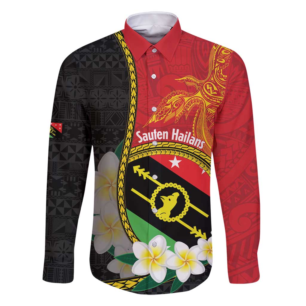 Personalised PNG Sauten Hailans Family Matching Off Shoulder Short Dress and Hawaiian Shirt Papua New Guinea Plumeria Melanesian Pattern LT14 Dad's Shirt - Long Sleeve Red - Polynesian Pride