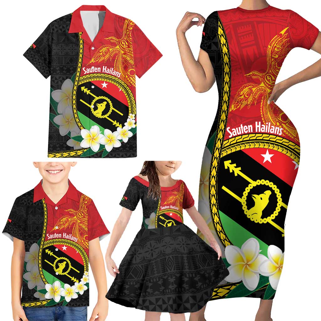 Personalised PNG Sauten Hailans Family Matching Short Sleeve Bodycon Dress and Hawaiian Shirt Papua New Guinea Plumeria Melanesian Pattern LT14 - Polynesian Pride
