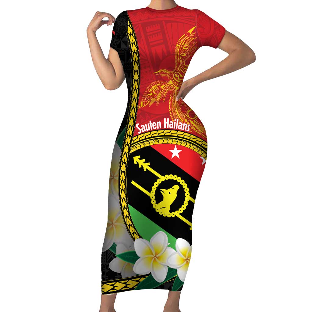 Personalised PNG Sauten Hailans Family Matching Short Sleeve Bodycon Dress and Hawaiian Shirt Papua New Guinea Plumeria Melanesian Pattern LT14 Mom's Dress Red - Polynesian Pride