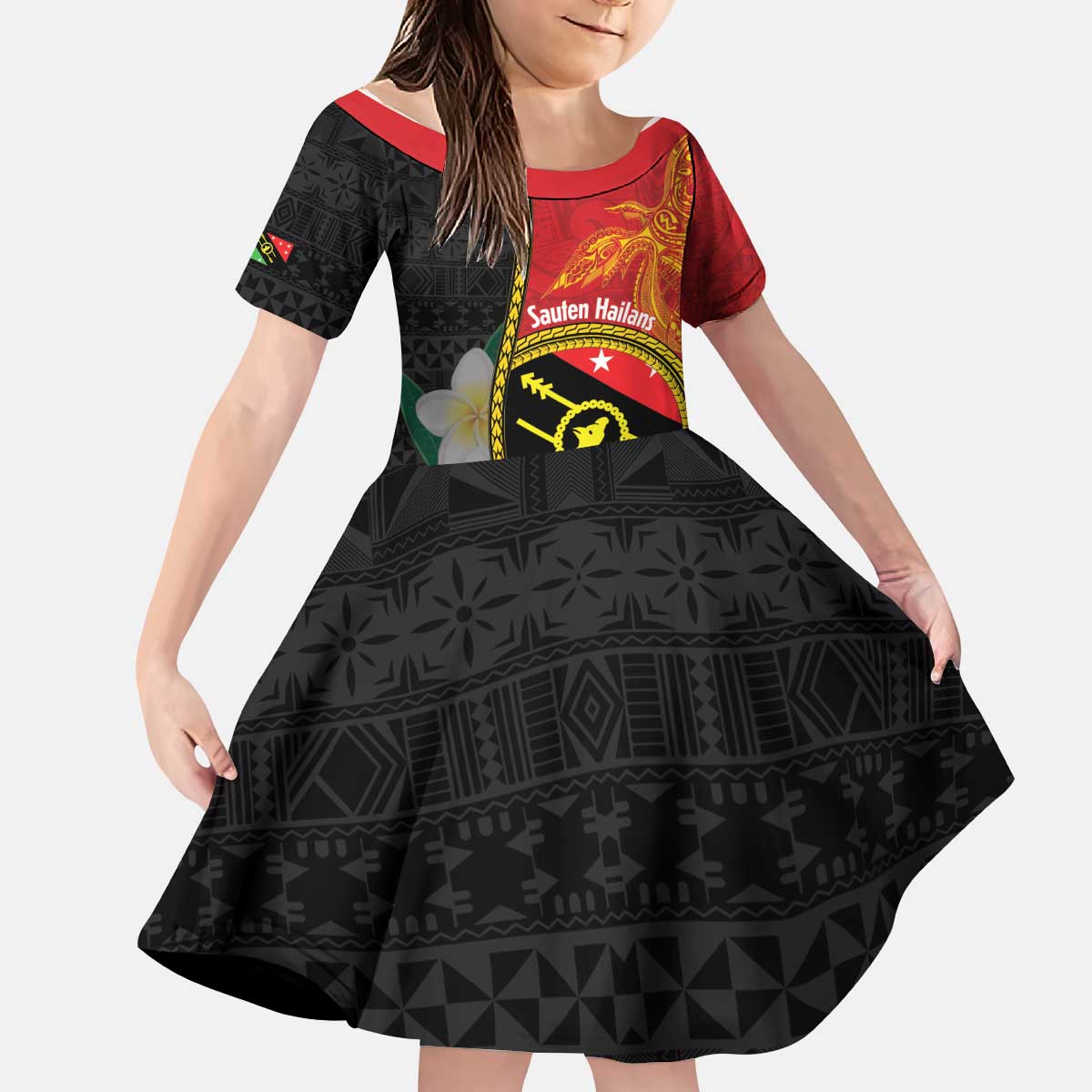 Personalised PNG Sauten Hailans Kid Short Sleeve Dress Papua New Guinea Plumeria Melanesian Pattern - Polynesian Pride