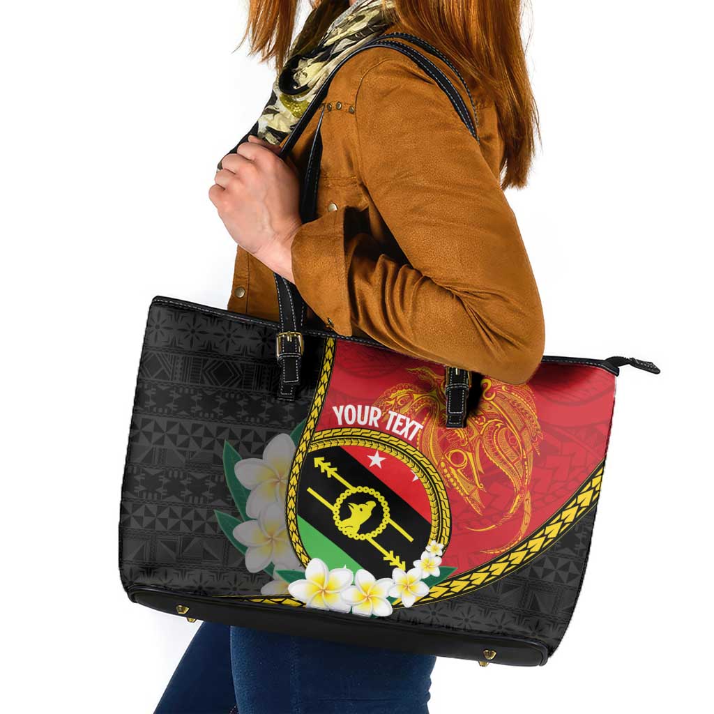 Personalised PNG Sauten Hailans Leather Tote Bag Papua New Guinea Plumeria Melanesian Pattern - Polynesian Pride