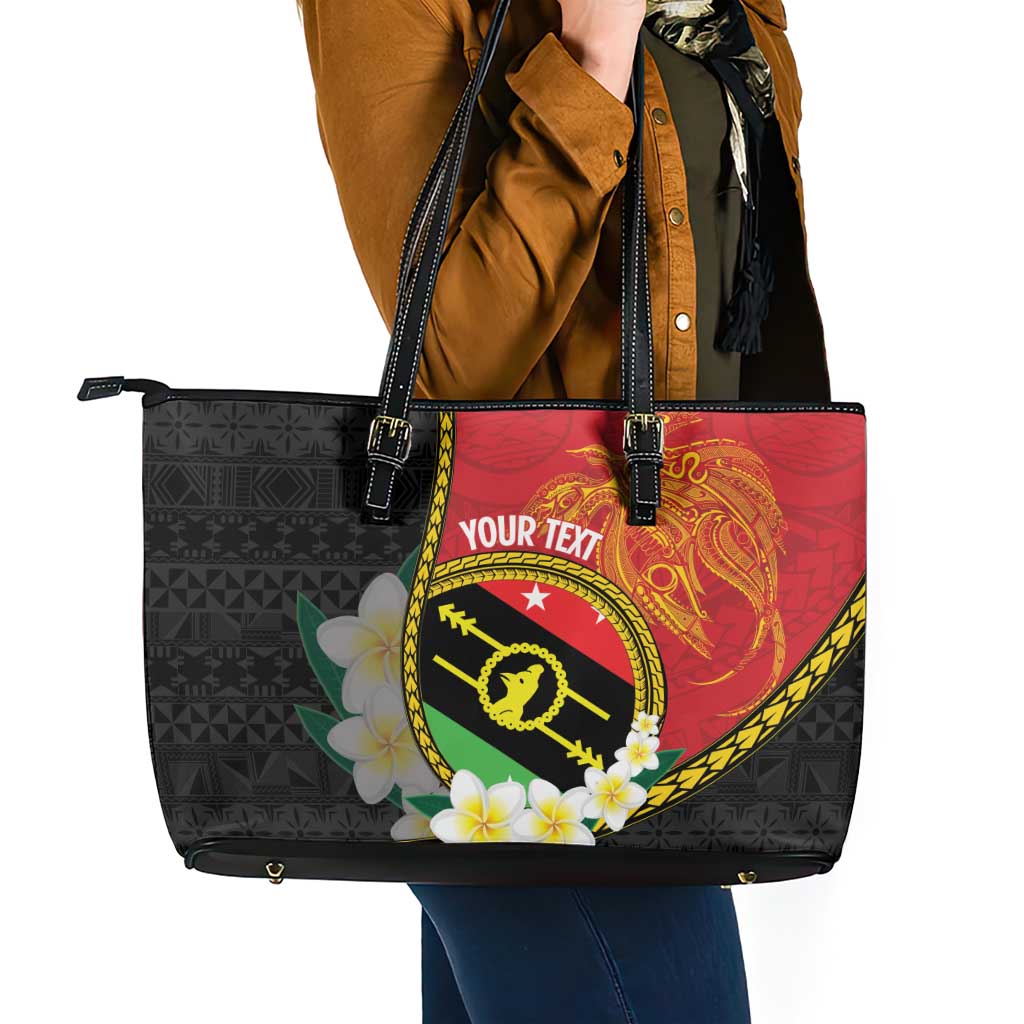 Personalised PNG Sauten Hailans Leather Tote Bag Papua New Guinea Plumeria Melanesian Pattern - Polynesian Pride