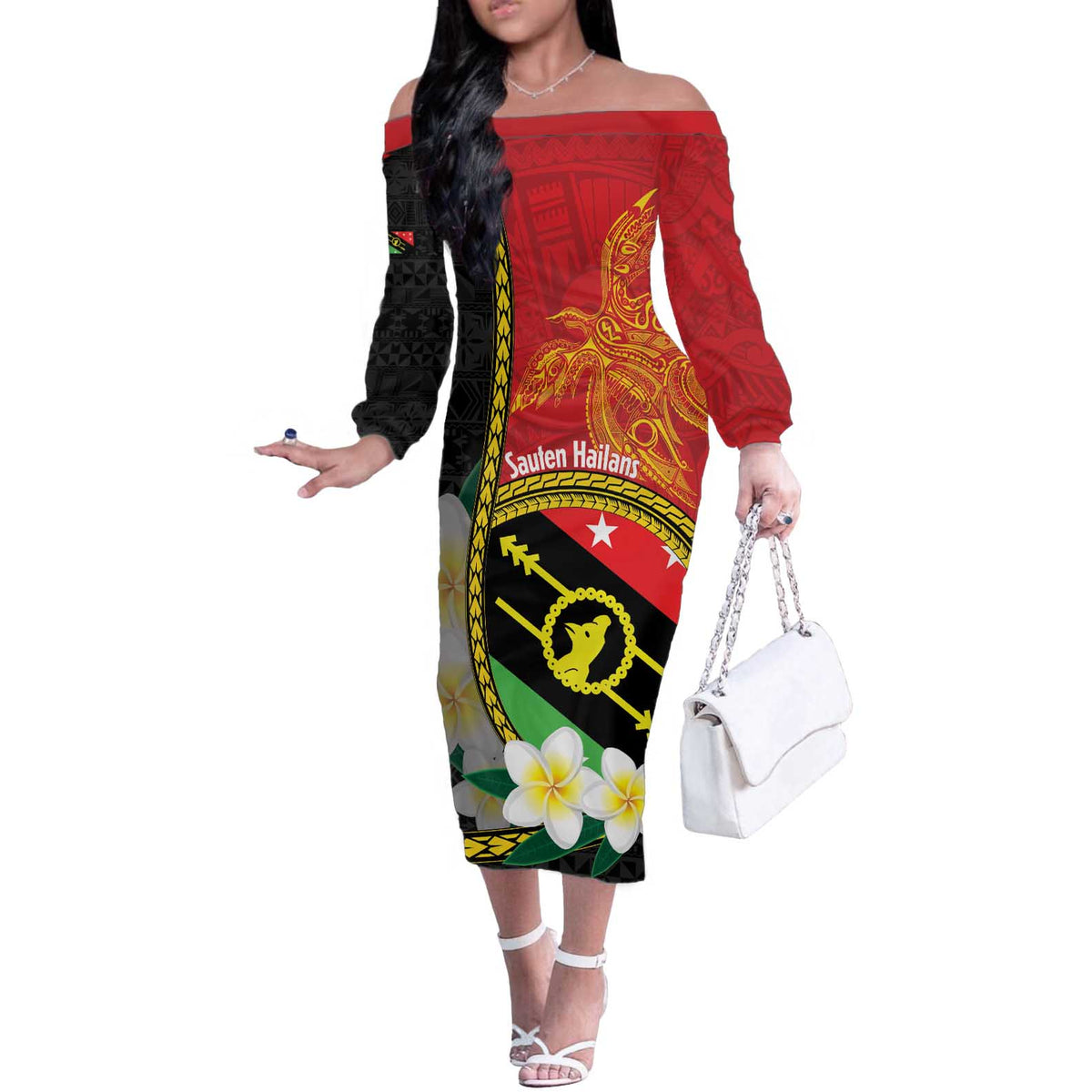 Personalised PNG Sauten Hailans Off The Shoulder Long Sleeve Dress Papua New Guinea Plumeria Melanesian Pattern LT14 Women Red - Polynesian Pride
