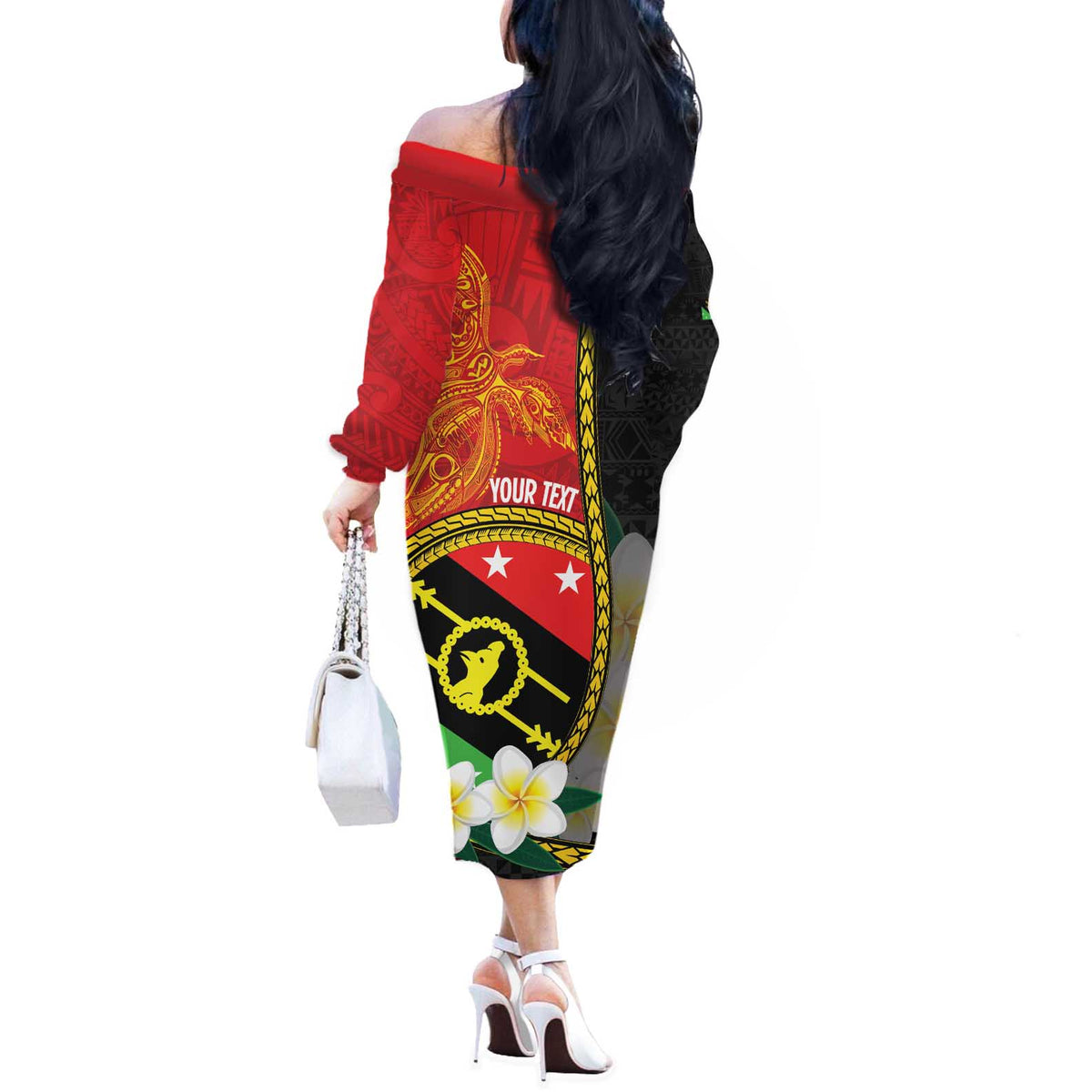 Personalised PNG Sauten Hailans Off The Shoulder Long Sleeve Dress Papua New Guinea Plumeria Melanesian Pattern LT14 - Polynesian Pride