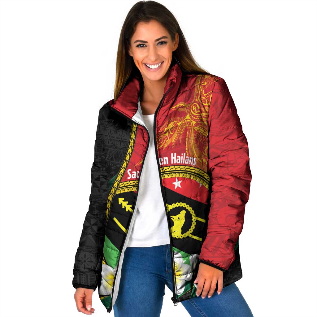 Personalised PNG Sauten Hailans Padded Jacket Papua New Guinea Plumeria Melanesian Pattern - Polynesian Pride