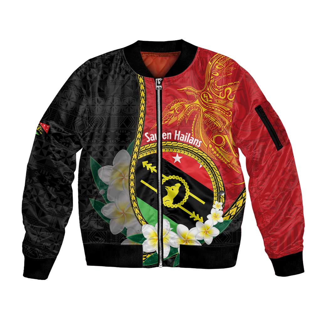 Personalised PNG Sauten Hailans Sleeve Zip Bomber Jacket Papua New Guinea Plumeria Melanesian Pattern LT14 Unisex Red - Polynesian Pride