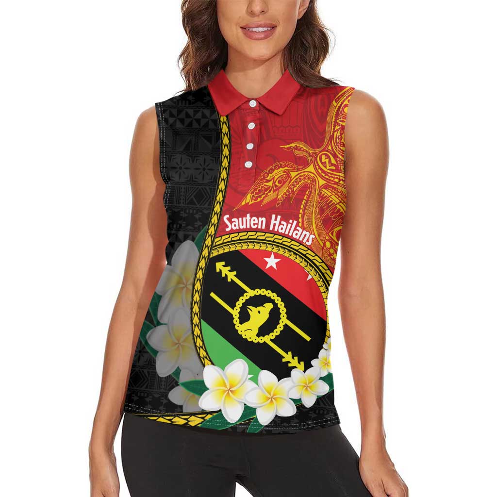 Personalised PNG Sauten Hailans Women Sleeveless Polo Shirt Papua New Guinea Plumeria Melanesian Pattern LT14 - Polynesian Pride