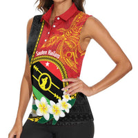 Personalised PNG Sauten Hailans Women Sleeveless Polo Shirt Papua New Guinea Plumeria Melanesian Pattern LT14 - Polynesian Pride