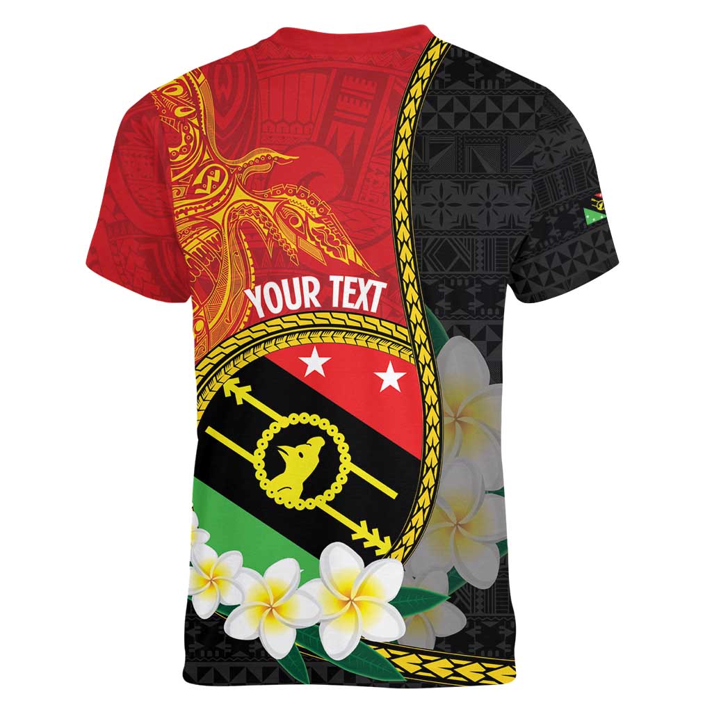 Personalised PNG Sauten Hailans Women V-Neck T-Shirt Papua New Guinea Plumeria Melanesian Pattern LT14 - Polynesian Pride
