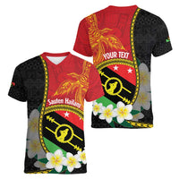Personalised PNG Sauten Hailans Women V-Neck T-Shirt Papua New Guinea Plumeria Melanesian Pattern LT14 - Polynesian Pride