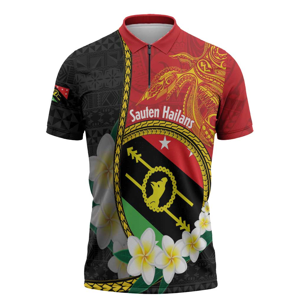 Personalised PNG Sauten Hailans Zipper Polo Shirt Papua New Guinea Plumeria Melanesian Pattern - Polynesian Pride