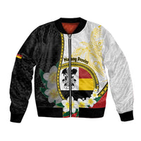 Personalised PNG Madang Provins Bomber Jacket Papua New Guinea Plumeria Melanesian Pattern LT14 Unisex White - Polynesian Pride