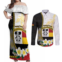 Personalised PNG Madang Provins Couples Matching Off Shoulder Maxi Dress and Long Sleeve Button Shirt Papua New Guinea Plumeria Melanesian Pattern LT14 White - Polynesian Pride