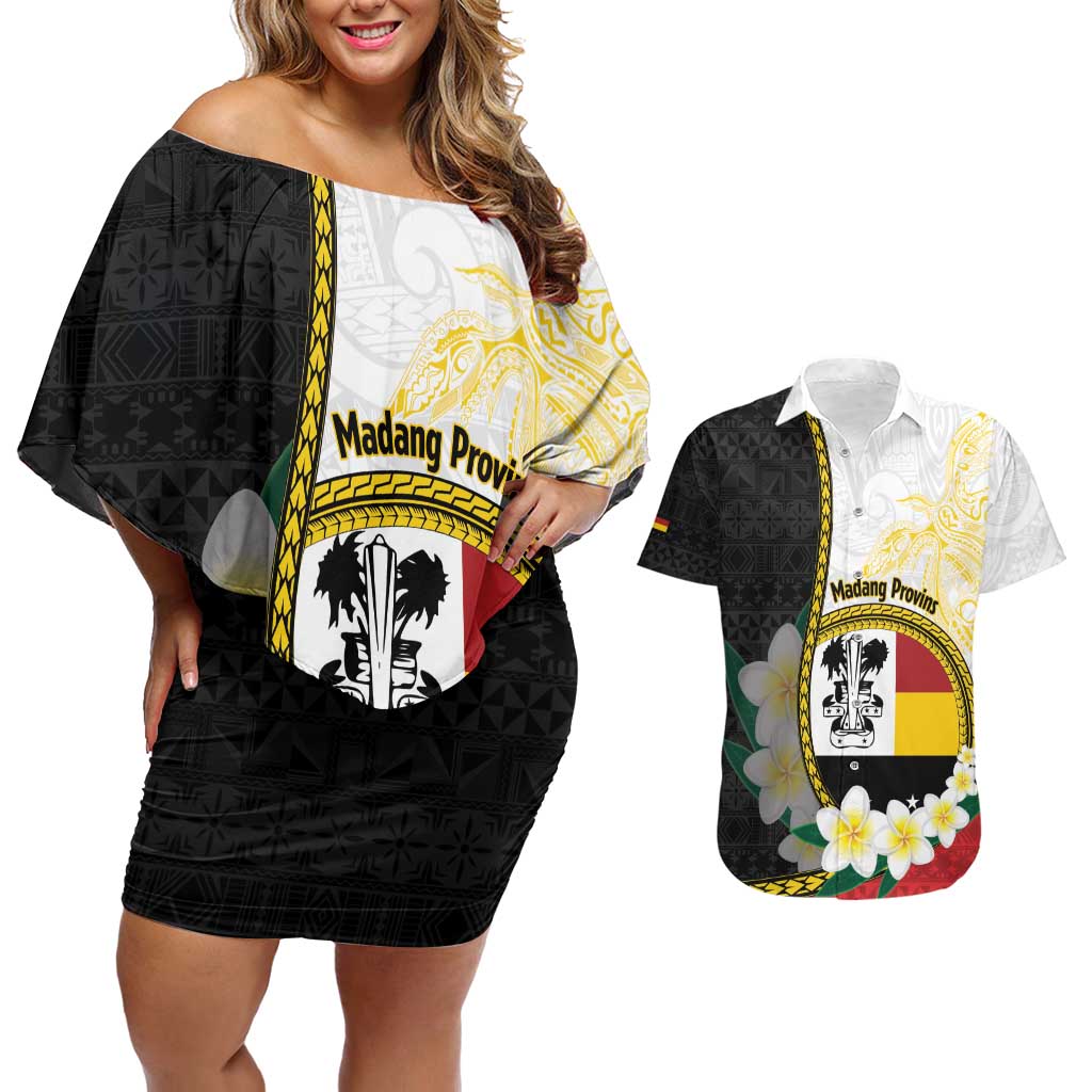 Personalised PNG Madang Provins Couples Matching Off Shoulder Short Dress and Hawaiian Shirt Papua New Guinea Plumeria Melanesian Pattern LT14 White - Polynesian Pride