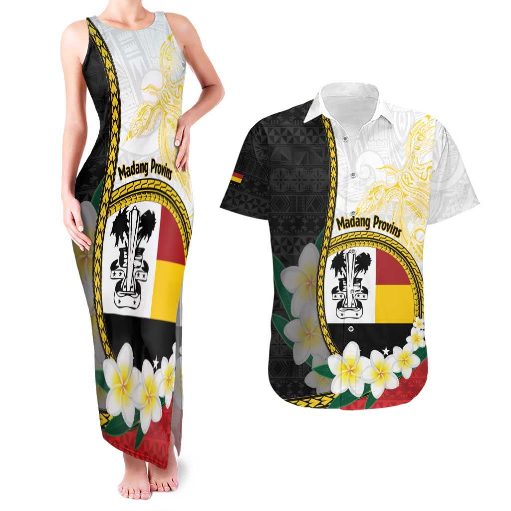Personalised PNG Madang Provins Couples Matching Tank Maxi Dress and Hawaiian Shirt Papua New Guinea Plumeria Melanesian Pattern LT14 White - Polynesian Pride