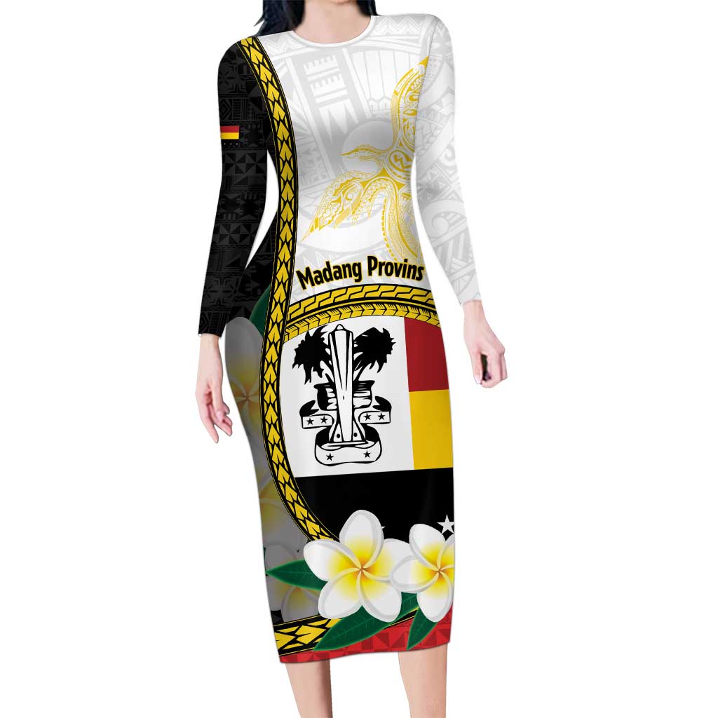 Personalised PNG Madang Provins Family Matching Long Sleeve Bodycon Dress and Hawaiian Shirt Papua New Guinea Plumeria Melanesian Pattern LT14 Mom's Dress White - Polynesian Pride