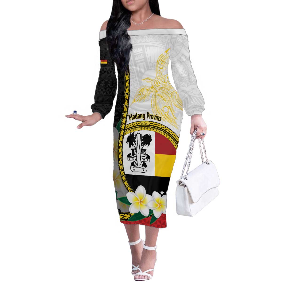 Personalised PNG Madang Provins Family Matching Off The Shoulder Long Sleeve Dress and Hawaiian Shirt Papua New Guinea Plumeria Melanesian Pattern LT14 Mom's Dress White - Polynesian Pride