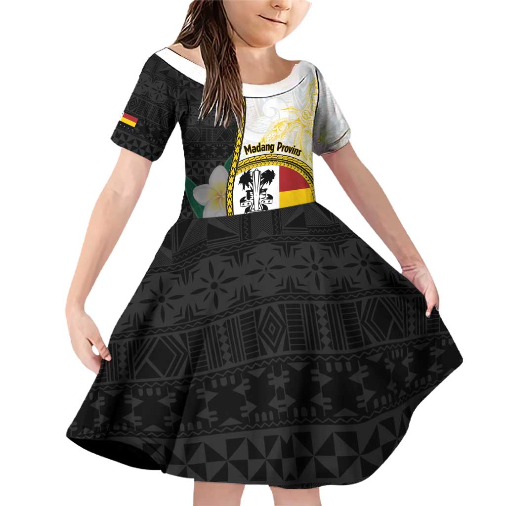 Personalised PNG Madang Provins Family Matching Off Shoulder Short Dress and Hawaiian Shirt Papua New Guinea Plumeria Melanesian Pattern LT14 Daughter's Dress White - Polynesian Pride