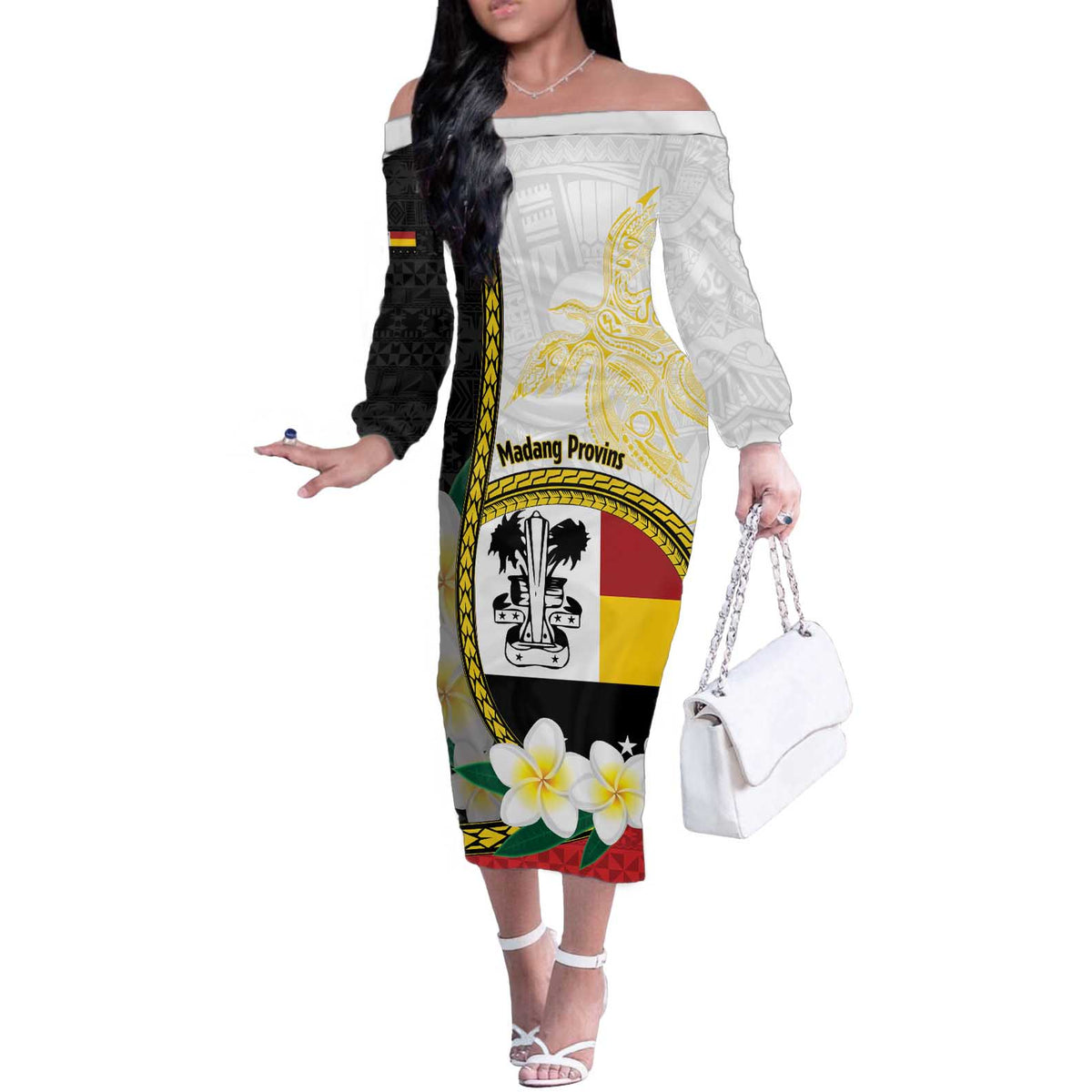 Personalised PNG Madang Provins Off The Shoulder Long Sleeve Dress Papua New Guinea Plumeria Melanesian Pattern LT14 Women White - Polynesian Pride