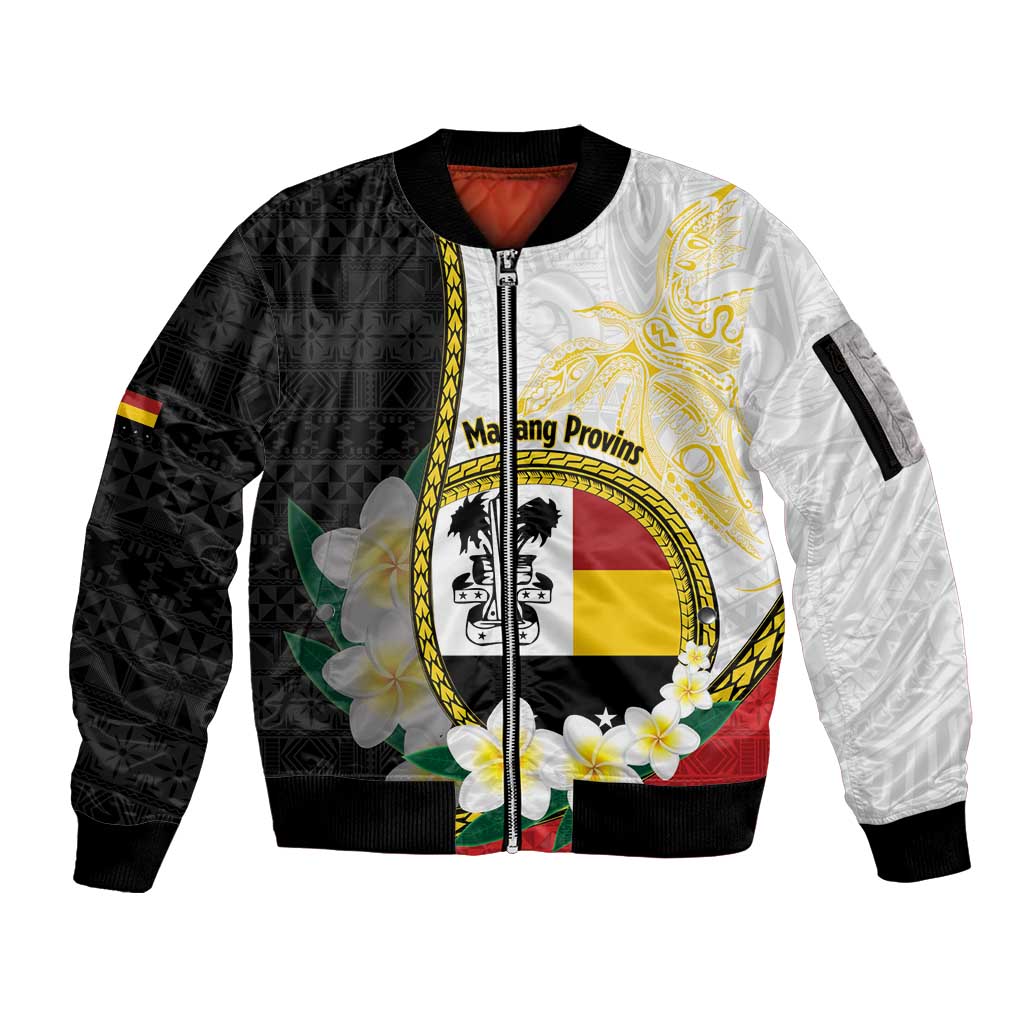 Personalised PNG Madang Provins Sleeve Zip Bomber Jacket Papua New Guinea Plumeria Melanesian Pattern LT14 Unisex White - Polynesian Pride