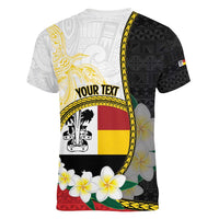 Personalised PNG Madang Provins Women V-Neck T-Shirt Papua New Guinea Plumeria Melanesian Pattern LT14 - Polynesian Pride